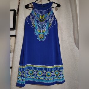 Vibrant Blue Patterned Sleeveless Halter Dress  With 14 Studs And Subtle Sparkle